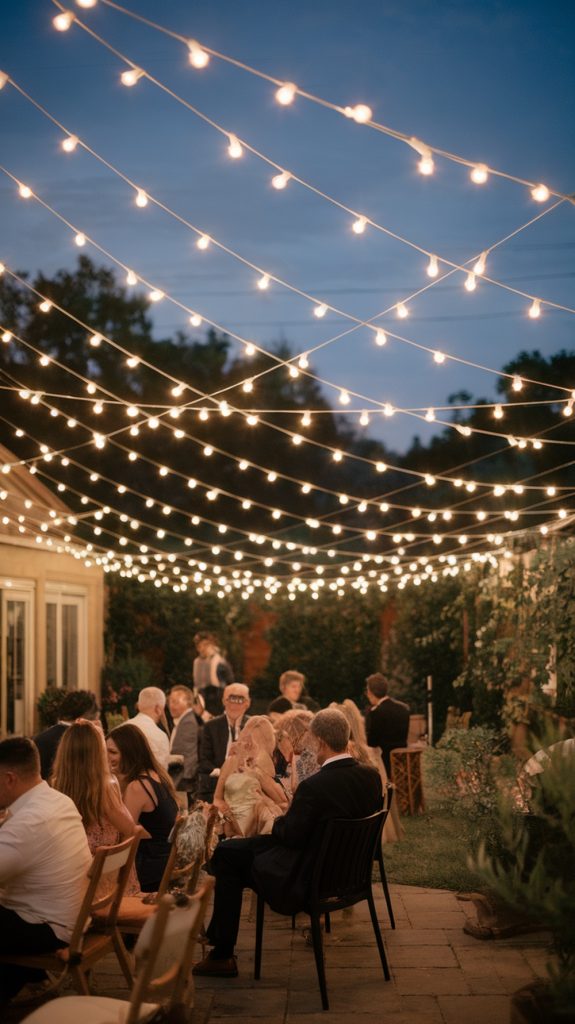 String lights in a net pattern over a crowd of outdoor party goers