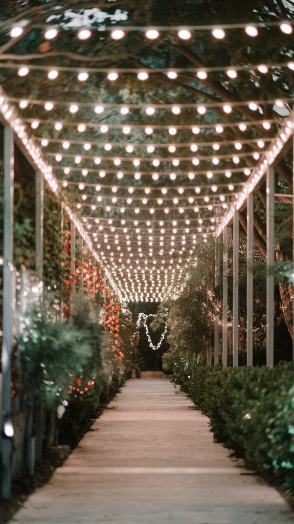 Runway effect string lights over a backyard pathway
