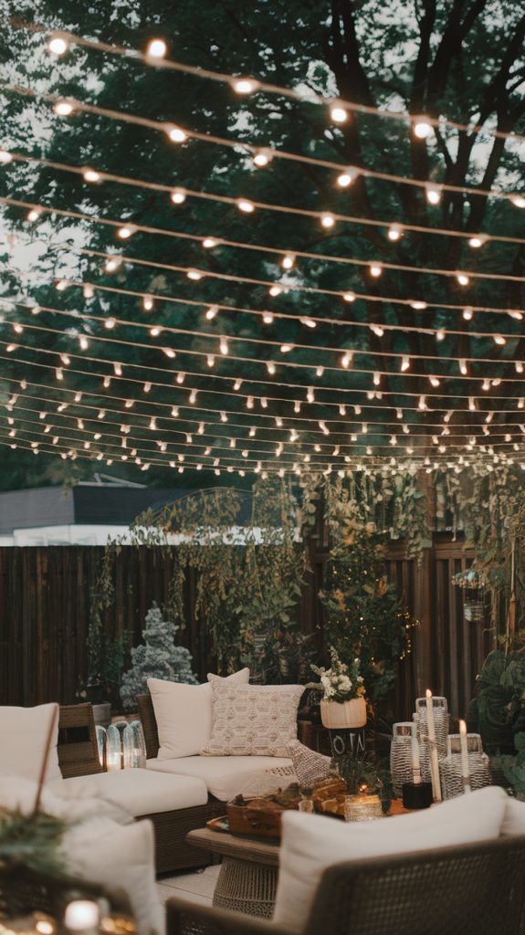 Festive string lighting in a backyard setting showing a grid pattern
