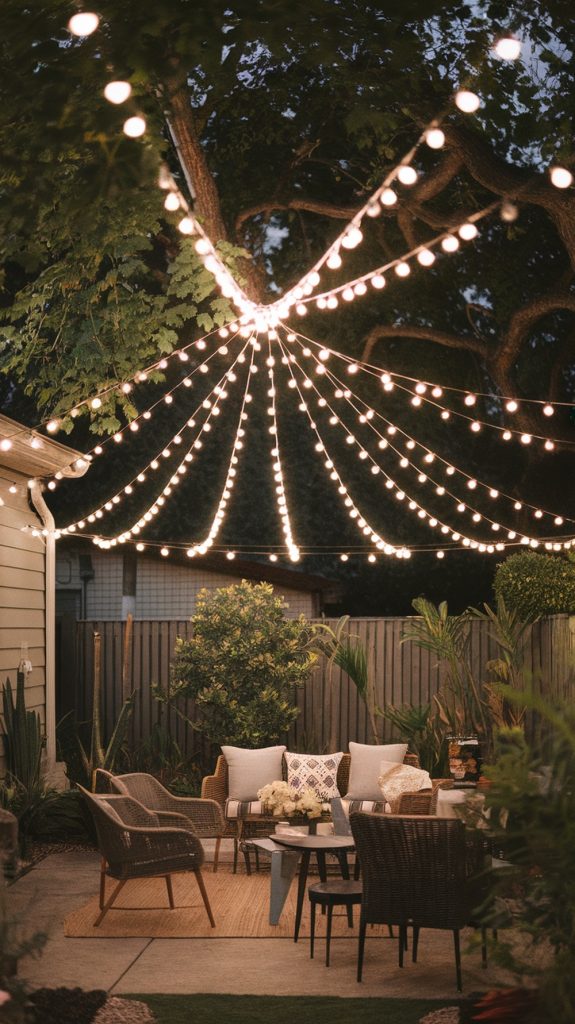 string lighting in a patio showing a v pattern