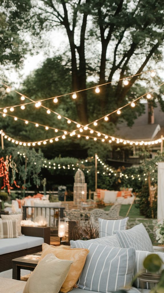 string lights over a patio party setting in a x pattern