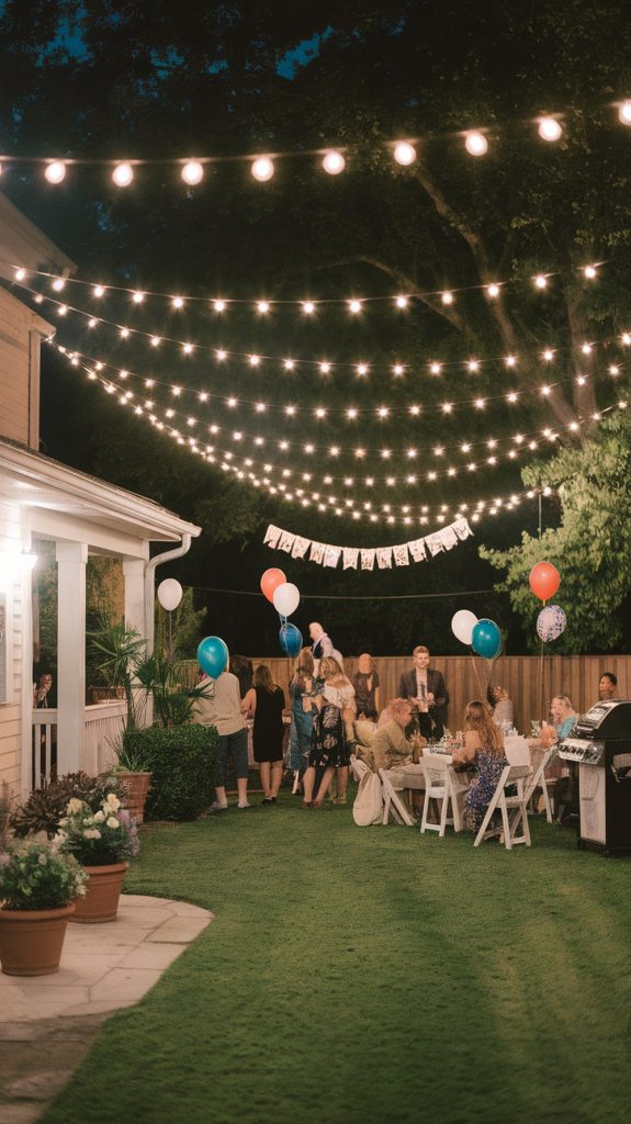 Back and forth W pattern string lighting at an outdoor party