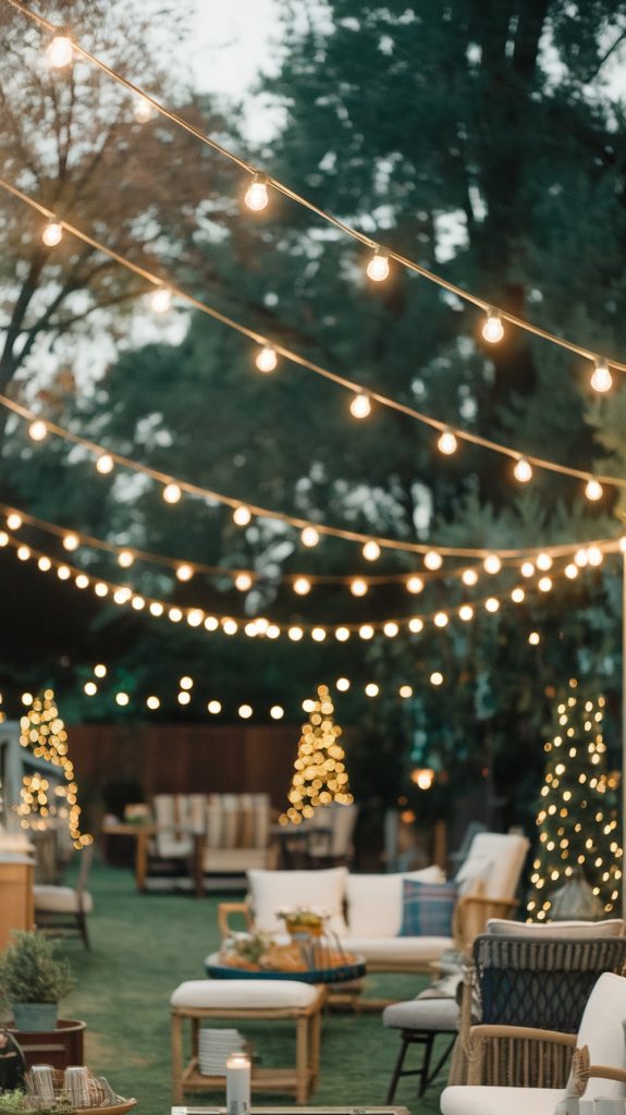 Draped string lights for an outdoor party setting