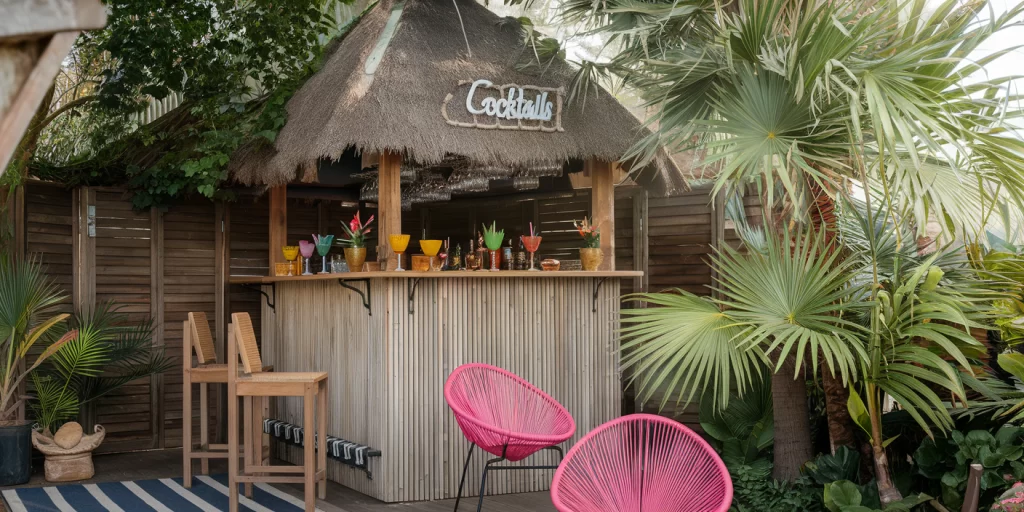 garden tiki bar with stools and drinks