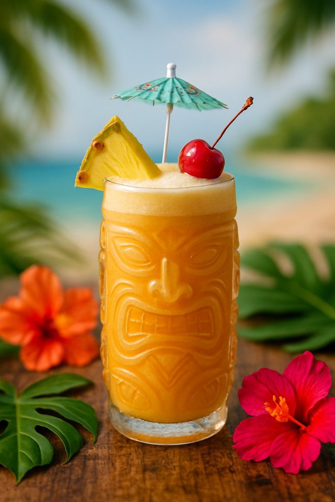 Painkiller tropical drinks in a tiki glass with garnishes