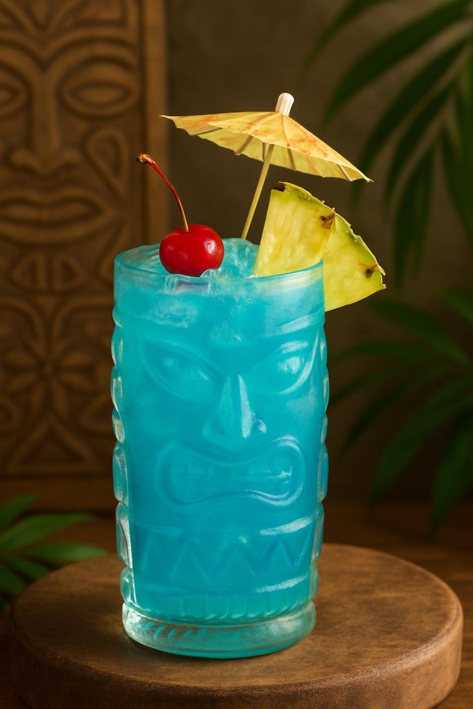 Blue Hawaiian Tropical Drinks in Tiki glass