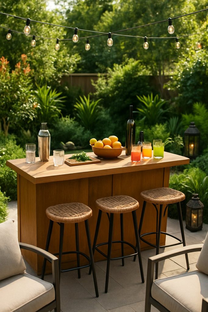 Woven rush seating at outdoor garden bar