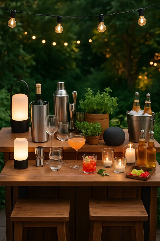 Evening outdoor garden bar set up