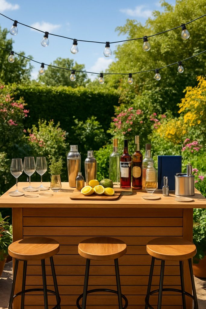 outdoor garden bar with string lights
