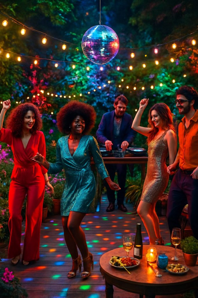 Disco garden party at night with dancing guests, colored lights and mirror ball