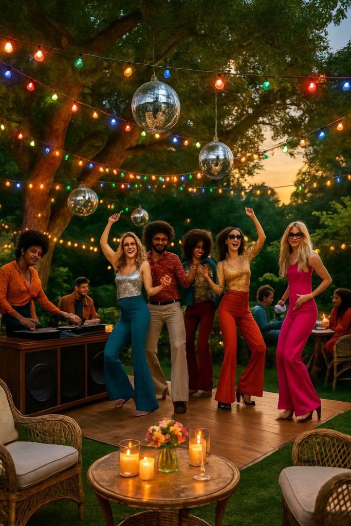 A backyard scene with people dancing and colored lights