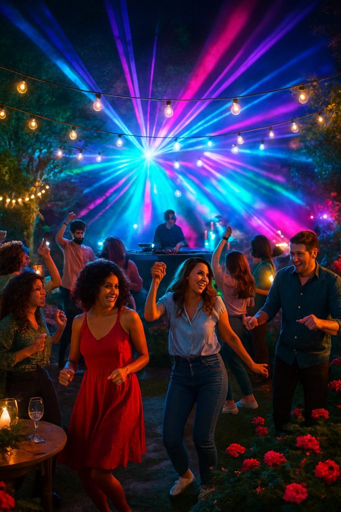 People dancing and socializing at a nighttime garden party with colorful lights and greenery.