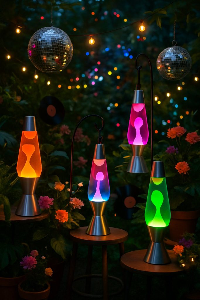 Multiple colorful lava lamps glowing in an outdoor garden with plants and disco lights at dusk.