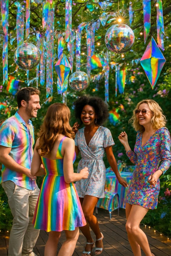 An outdoor garden party with people dancing among rainbow prisms and holographic decorations hanging from trees.