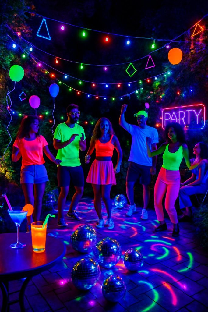 An outdoor garden party at night with people dancing under black lights and neon decorations among trees and plants.