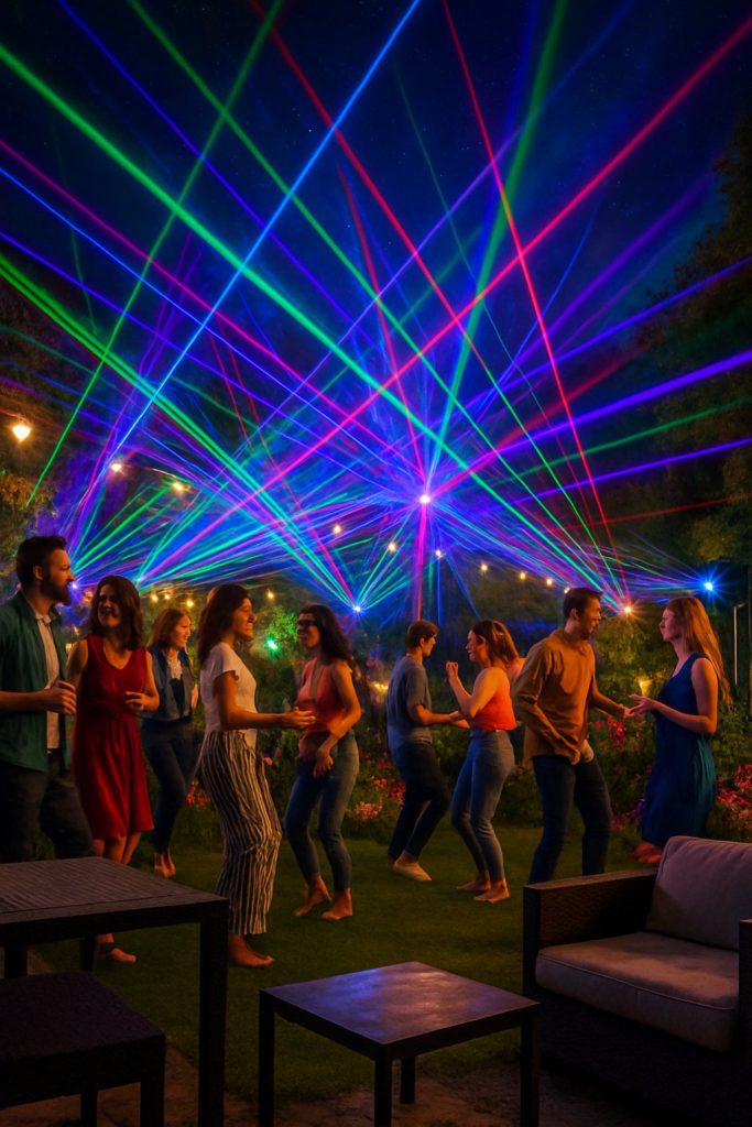 People enjoying a lively garden party at night with colorful laser lights shining over plants and guests dancing.