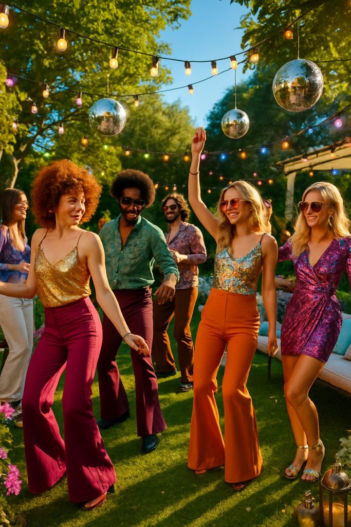 People dressed in colorful outfits dancing and socializing at an outdoor garden party decorated with string lights and disco balls.