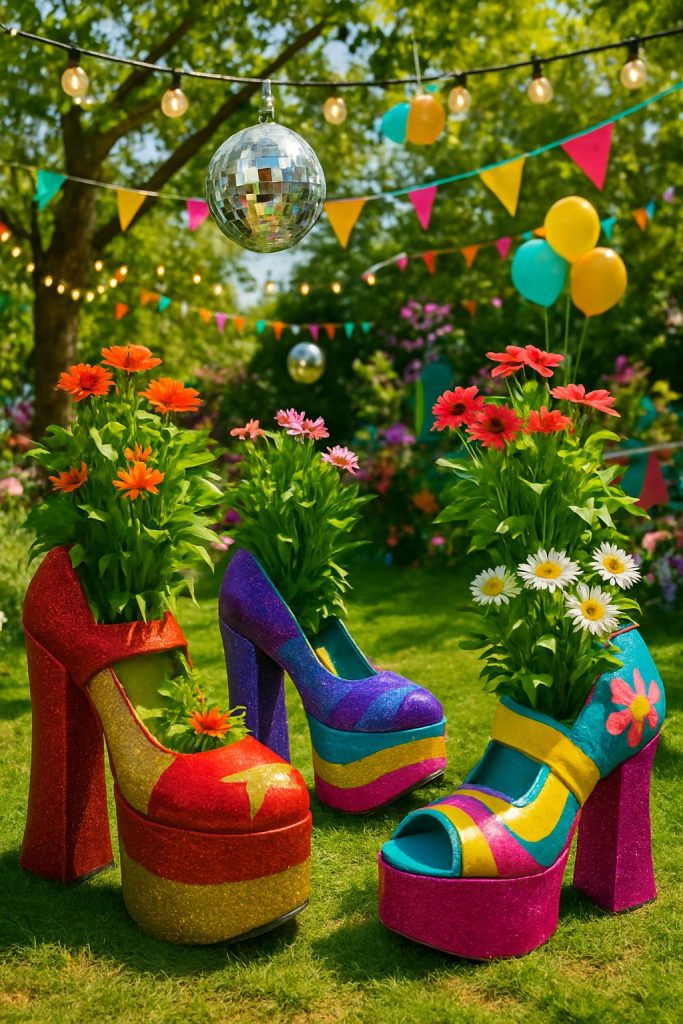 Outdoor garden party scene with large platform shoes used as planters filled with green plants and flowers, surrounded by festive decorations and hanging disco balls.