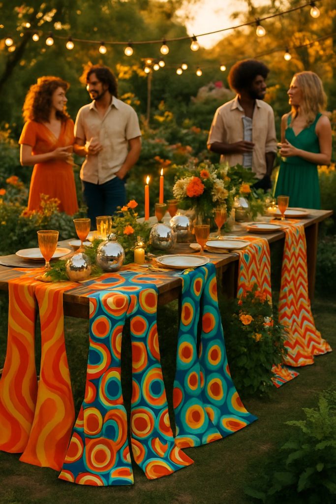 An outdoor garden party with a long wooden table decorated with colorful fabric runners made from bell-bottom pants, surrounded by plants and guests enjoying the event under string lights.