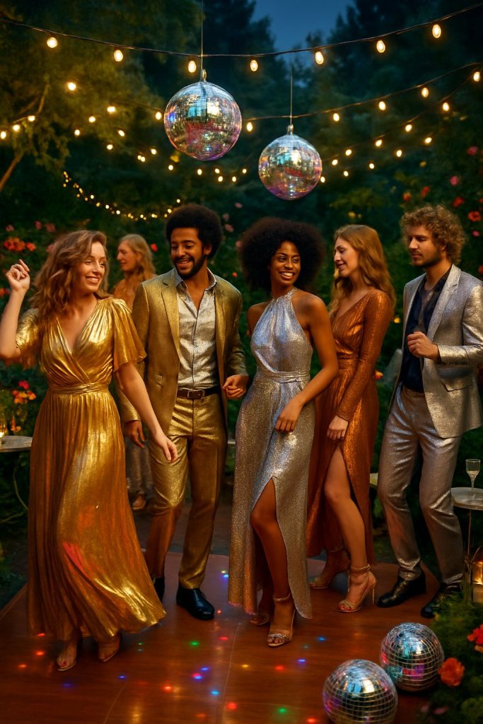 People dancing and socializing at an outdoor garden party with metallic gold, silver, and copper clothing under string lights and disco balls.
