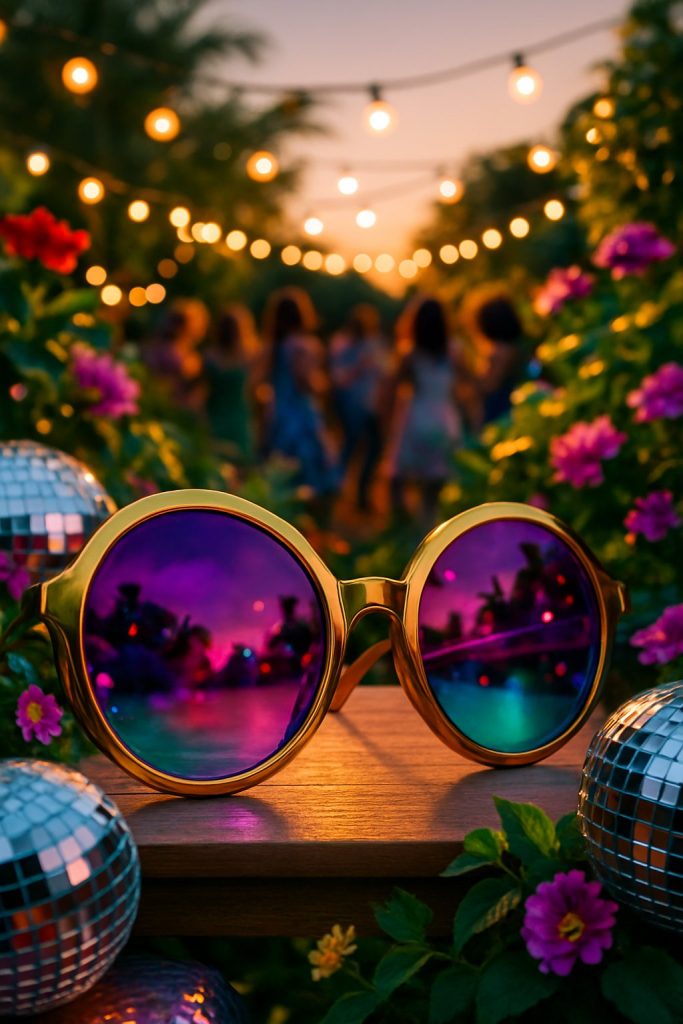 A pair of oversized sunglasses with colorful lenses on a table surrounded by garden party decorations and people dancing in the background.