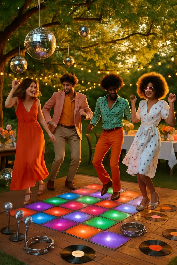 People dancing and enjoying a disco-themed garden party outdoors with colorful decorations and music props.
