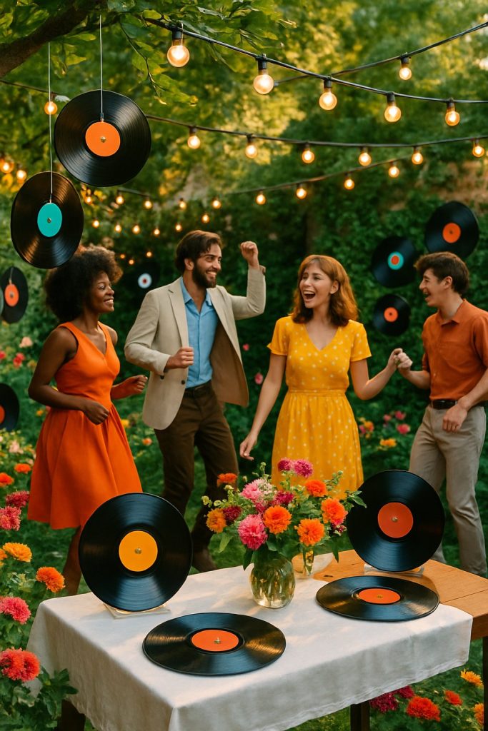 Outdoor garden party with vintage vinyl records used as decorations, surrounded by plants and people enjoying the event.