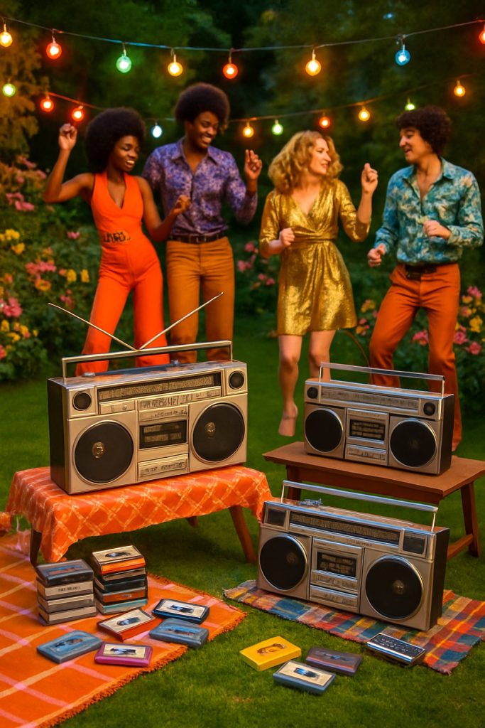 Outdoor garden party with people dancing near old school boom boxes and scattered cassette tapes on the grass.