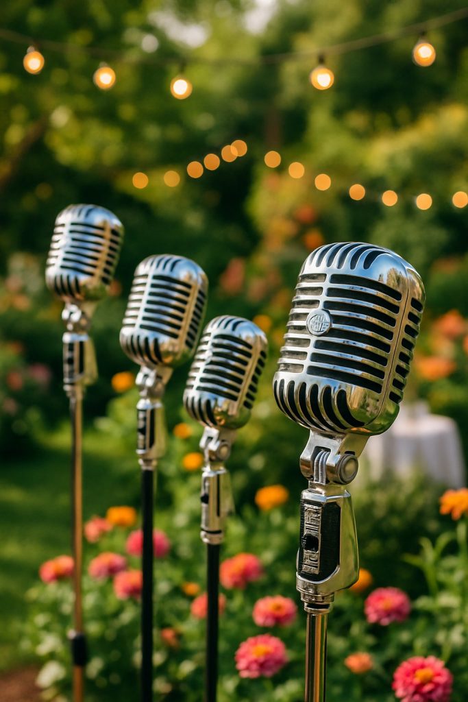 Classic disco-style microphones arranged on stands in a garden with flowers and greenery.