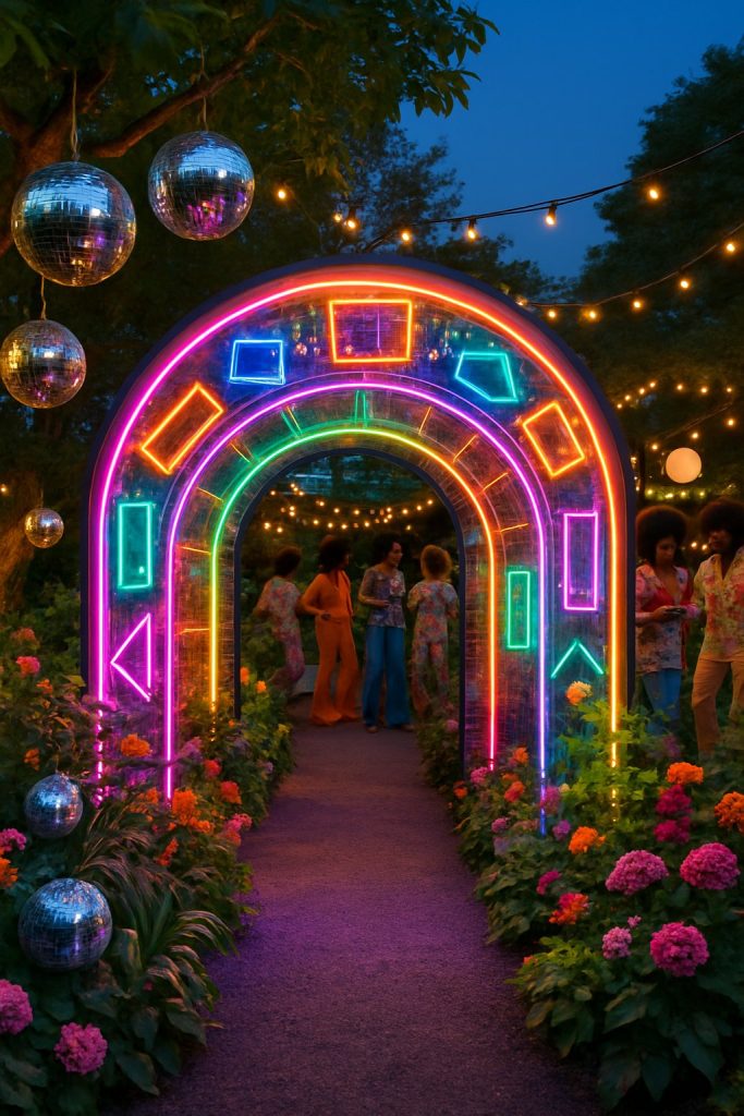 An outdoor garden party with a brightly lit colorful entrance tunnel, disco balls hanging from trees, and people dancing and socializing among plants and flowers under string lights.