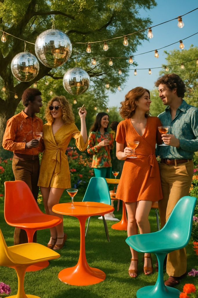 Outdoor garden party with colorful retro furniture, disco balls hanging from trees, and people socializing and dancing.