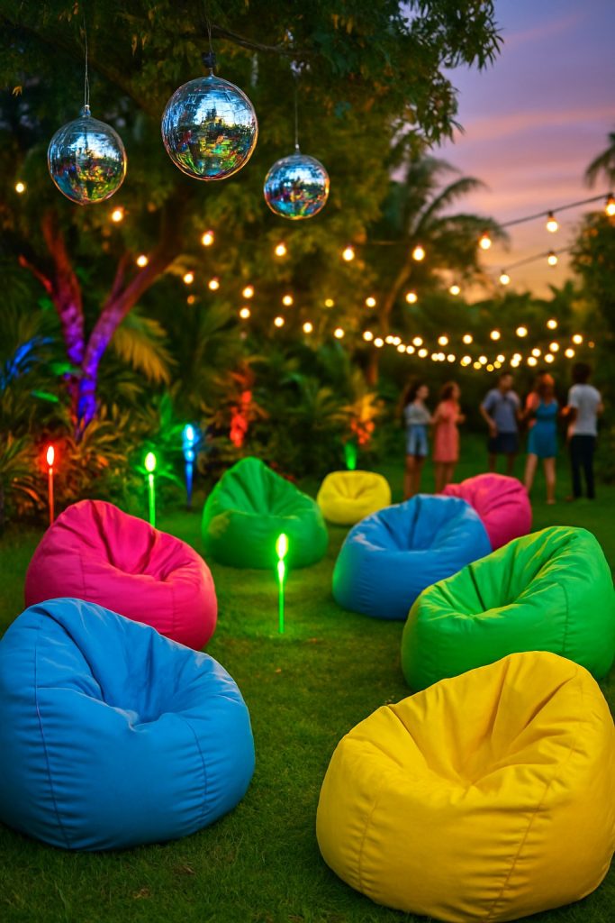 Outdoor garden party with colorful bean bag chairs arranged on grass under hanging disco balls and string lights.