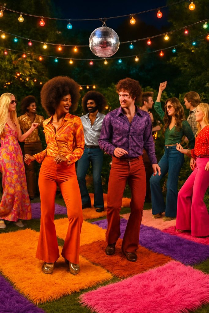 People dancing and socializing outdoors on colorful shag carpeting and faux fur rugs under string lights at a garden party.