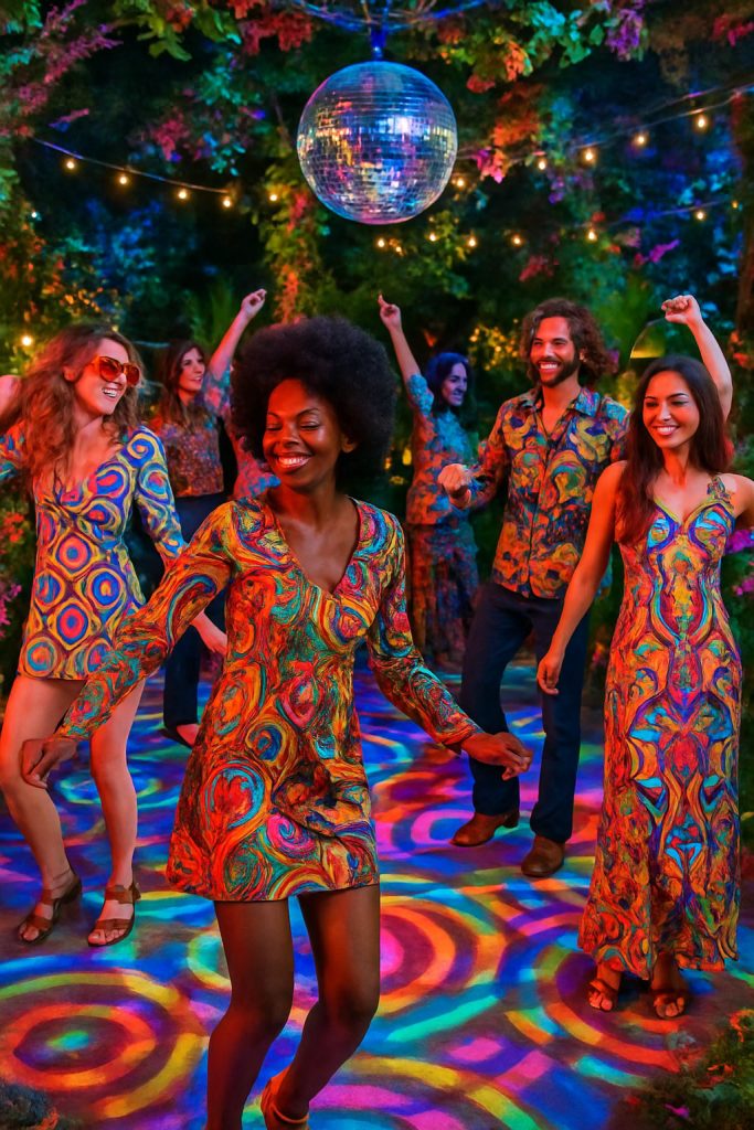 People dancing at an outdoor garden party with colorful lights and patterned clothing.