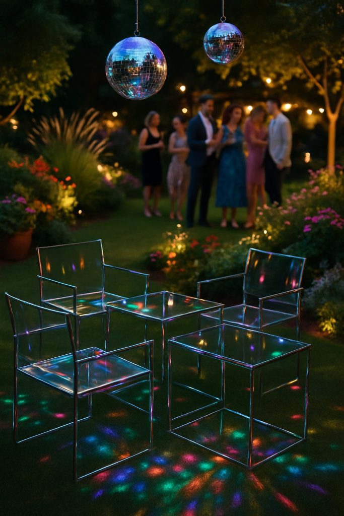 Outdoor garden party with chrome and glass furniture illuminated by colorful disco lights, surrounded by plants and people socializing.