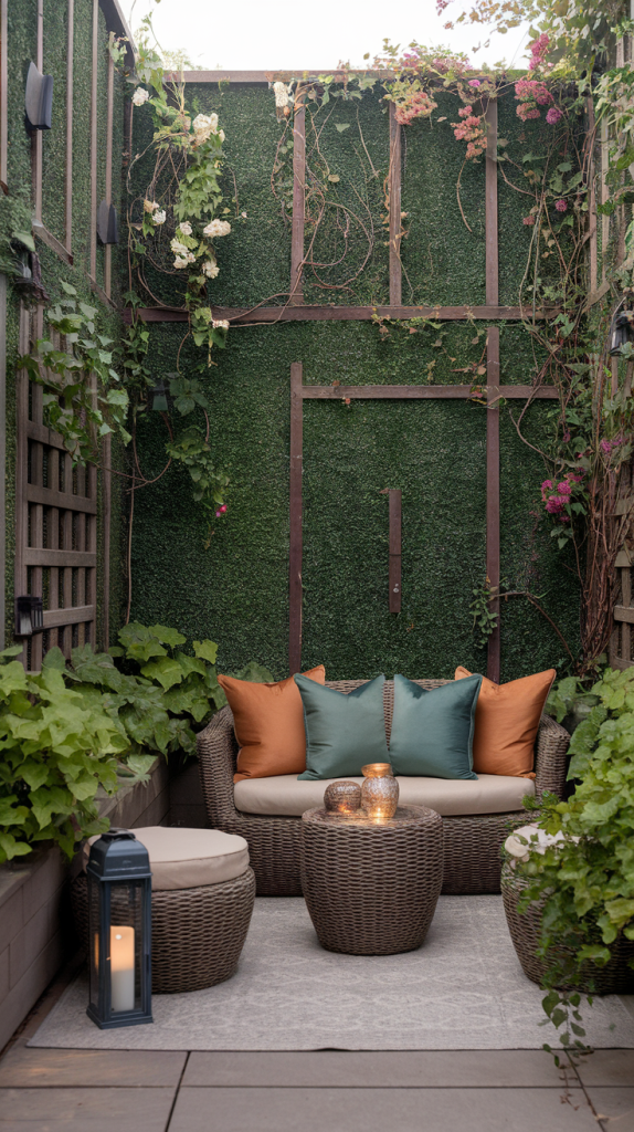 Outdoor living space with framed sections of green plants on the wall and comfortable patio furniture.