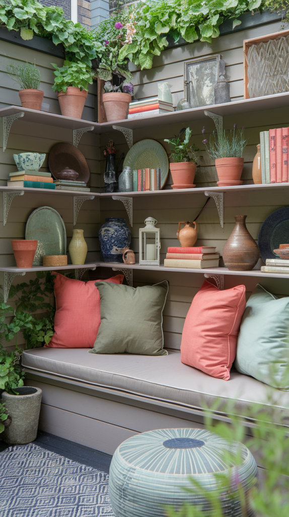 Outdoor patio with comfortable seating, plants, and privacy wall with shelving holding decorative items.