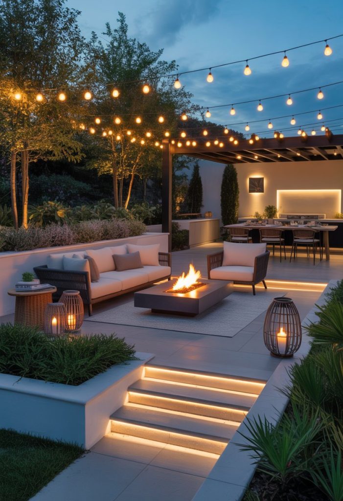 An outdoor patio at twilight with seating around a fire pit, string lights overhead, garden spotlights, and a dining area under a pergola.
