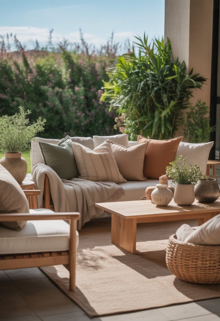 Outdoor seating area with comfortable chairs, cushions, plants, and natural wood furniture in a garden setting.