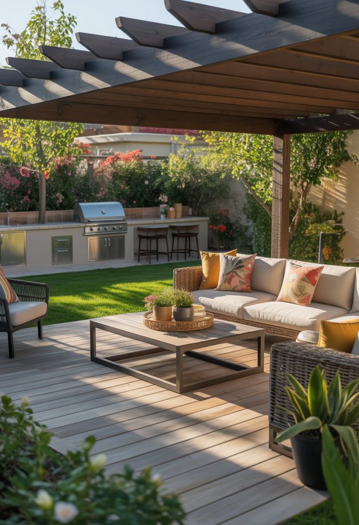 A backyard with a wooden deck, outdoor sofa, coffee table, pergola, plants, flowers, grass, and a barbecue grill area.