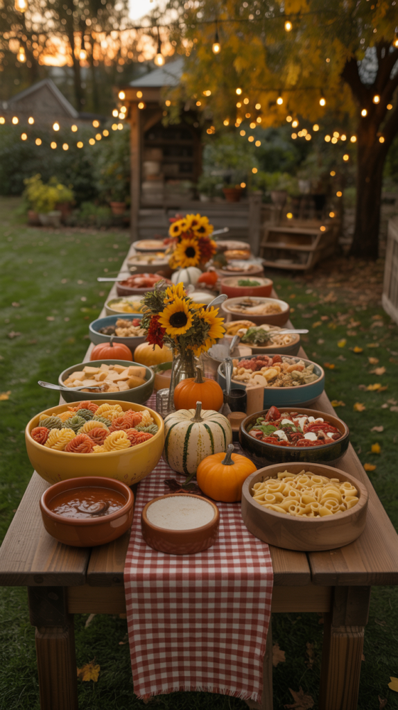An outdoor pasta bar with harvest themed decor