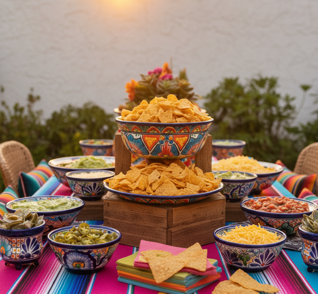 Close-up of Talavera pottery serving bowls and platters filled with nacho toppings, bright blue, yellow, and coral patterns, set on colorful Mexican textile runner outdoors