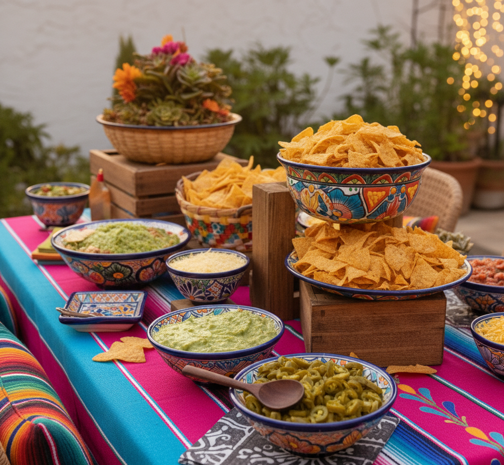 Outdoor nacho bar with tiered wooden crates, Talavera bowls on risers, colorful nacho toppings, layered display creating depth and visual interest
