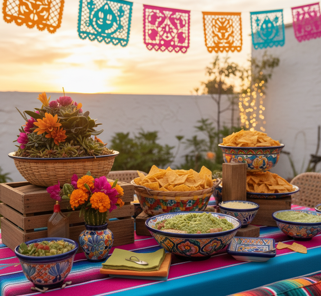 Nacho bar with papel picado banners overhead, small potted succulents, bright florals in colorful Talavera vases, mix of magenta, turquoise, and yellow accents, outdoor backyard setup,