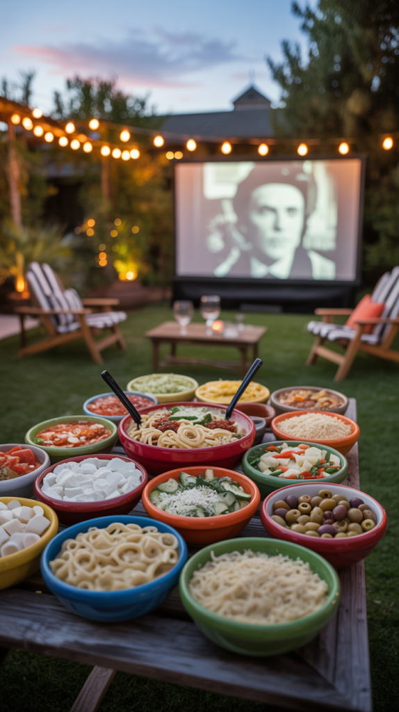 outdoor movie night with a pasta bar buffet set up