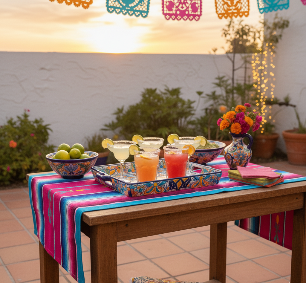 Outdoor drink station next to nacho bar, Talavera tray with margaritas in colorful glassware, sliced citrus and salt rimmers, rustic wooden counter
