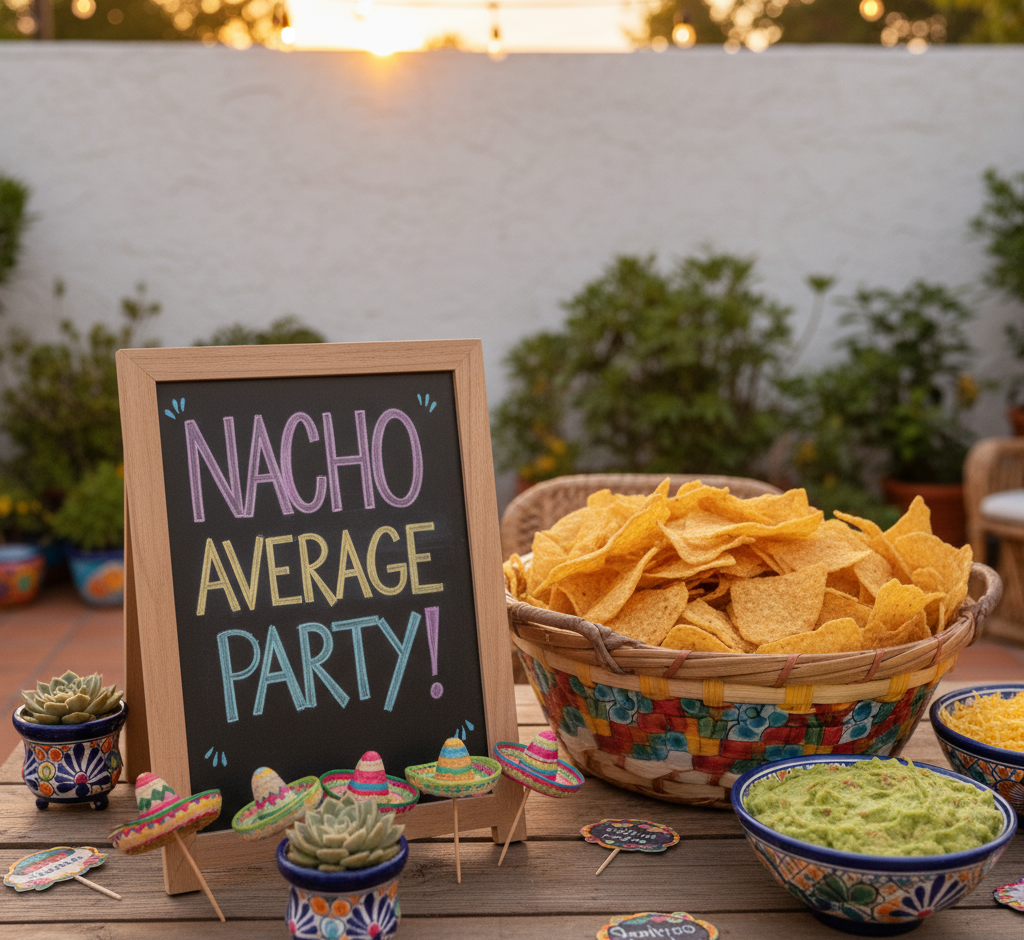 Nacho bar signage reading ‘Nacho Average Party’, mini sombrero picks in bowls, handwritten chalkboard labels, Talavera pottery backdrop