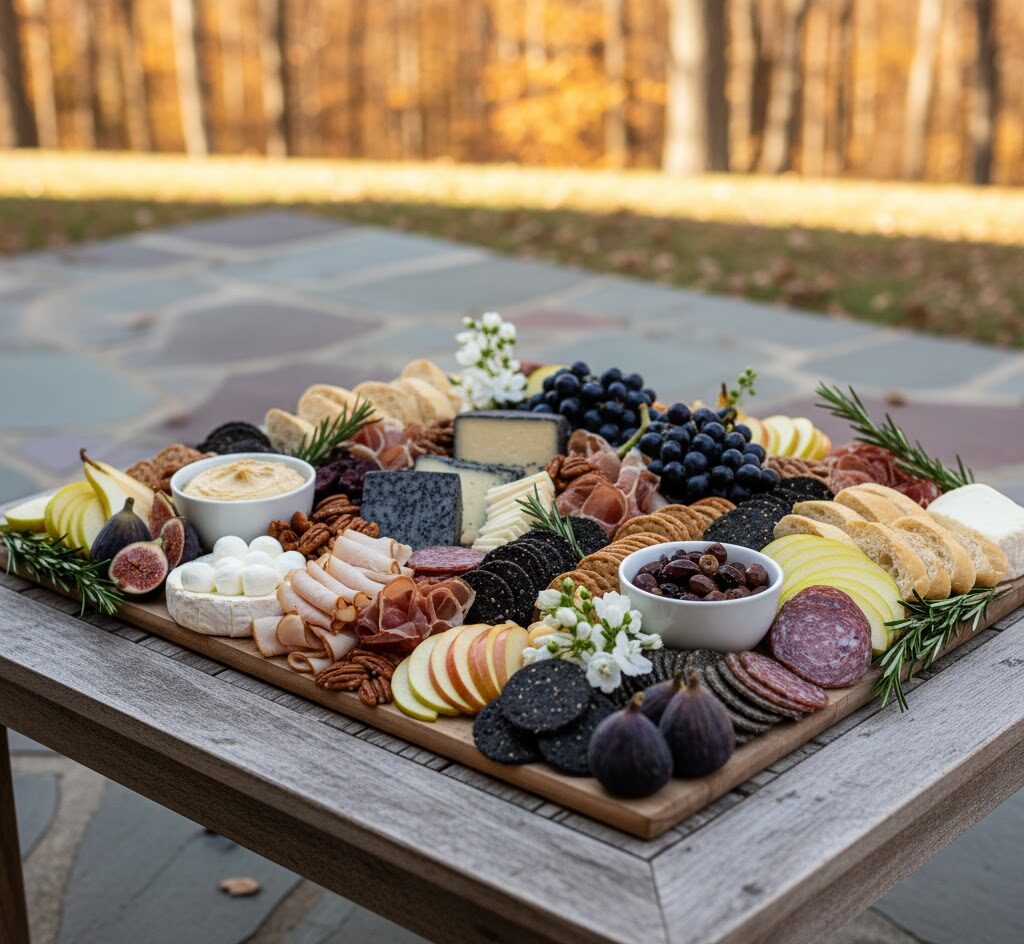 A Thanksgiving charcuterie board for an outdoor Pilgrim feast