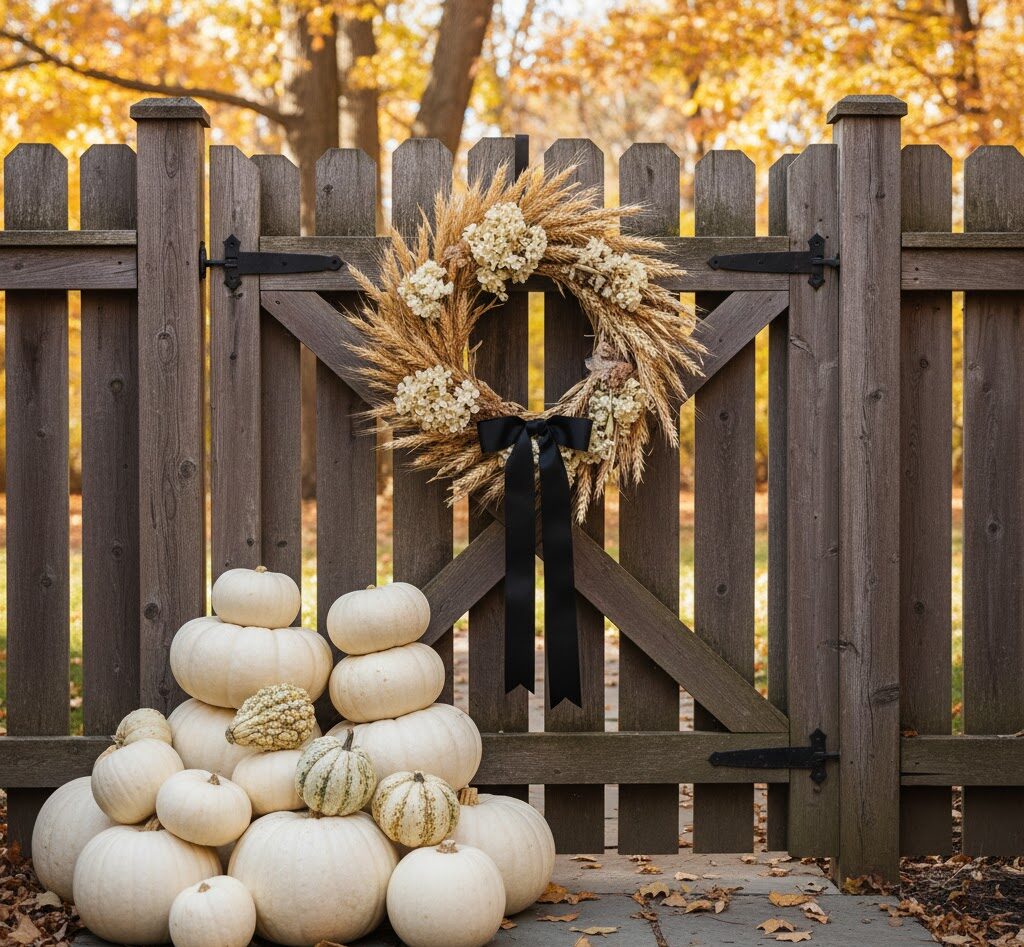 simple wooden gate display with a wheat wreath and white stacked pumpkins