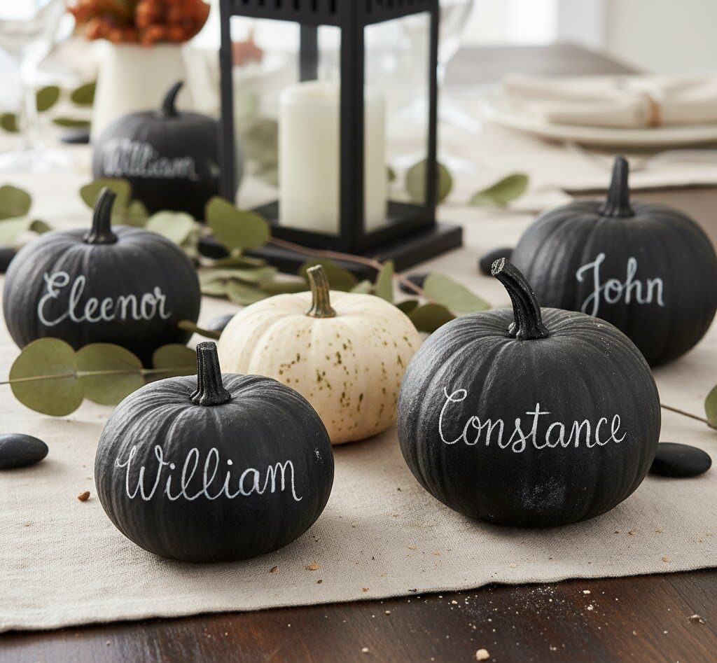 painted chalkboard pumpkins with chalk names